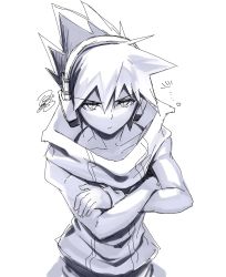 Rule 34 | 1boy, collarbone, crossed arms, eyebrows, frown, headphones, high collar, highres, male focus, sakuraba neku, shirt, sleeveless, sleeveless shirt, solo, solo focus, spiked hair, subarashiki kono sekai, tsubuan (itobell), upper body, wristband