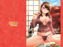 Rule 34 | 1girl, action pizazz, alcohol, breasts, brown hair, cleavage, cup, earrings, jewelry, large breasts, no bra, no pants, official art, official wallpaper, panties, pon takahanada, sake, solo, underwear, wallpaper