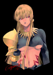 Rule 34 | 1girl, armor, black shirt, blonde hair, breasts, earrings, fate/stay night, fate (series), genderswap, genderswap (mtf), gilgamesh-ko, gilgamesh (fate), gold armor, jewelry, long hair, necklace, nishiyama (whatsoy), pauldrons, red eyes, shirt, shoulder armor, single pauldron, solo, tattoo, underboob, upper body