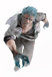 Rule 34 | 1boy, absurdres, arrancar, belt, black pants, bleach, bleach: sennen kessen-hen, blue eyes, blue hair, claws, commentary request, facial hair, fighting stance, foreshortening, full body, grimmjow jaegerjaquez, grin, highres, ikuyoan, jacket, katana, leaning forward, long sleeves, looking to the side, nose, open clothes, open jacket, open mouth, pants, short hair, sidelighting, signature, simple background, sleeves rolled up, smile, solo, spiked hair, sword, tsurime, v-shaped eyebrows, weapon, white background, white belt, white jacket