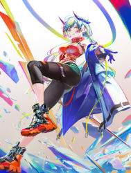 Rule 34 | 1girl, absurdres, ass, bare shoulders, breasts, buckle, colorful, fake horns, gloves, hair strand, highres, horned headwear, horns, jacket, jacket partially removed, looking at viewer, nababa, original, red footwear, shards, shoes, sneakers, solo, white background