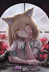 Rule 34 | 1girl, animal ears, bird, blonde hair, bow, card, closed mouth, crow, eyes visible through hair, flower, fox ears, green bow, green neckwear, hair between eyes, hand on own face, highres, jumpsuit, kayon (touzoku), kudamaki tsukasa, looking at viewer, pink eyes, red flower, short hair, short sleeves, smile, snake, solo, table, touhou, white jumpsuit, white sleeves, window, yellow eyes