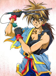 Rule 34 | 1990s (style), 1boy, brown eyes, brown hair, gloves, hazuki ayanosuke, japanese clothes, jitte, long hair, male focus, mamiya otaru, ponytail, saber marionette j, solo, weapon