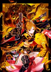 Rule 34 | 1girl, cephalopod eyes, cyborg, dual wielding, explosive, flower, grenade, gun, hair flower, hair ornament, hair rings, handgun, highres, holding, japanese clothes, kimono, long hair, magazine (weapon), mechanization, mouth hold, obi, octopus, orange hair, pinky out, pistol, red eyes, red thighhighs, sash, shell casing, so-bin, solo, thighhighs, weapon
