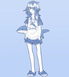 Rule 34 | 1girl, :/, animal slippers, blue background, blue eyes, blue hair, blue theme, closed mouth, hair over one eye, hands in pockets, highres, long hair, looking at viewer, one eye covered, original, popopoka, raglan sleeves, shirt, short shorts, shorts, simple background, slippers, solo, stuffed animal, stuffed shark, stuffed toy, symbol-only commentary