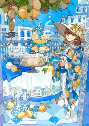 Rule 34 | 1girl, absurdres, blue dress, blue sky, brown eyes, brown hair, buchi (qooo003), building, cake, closed mouth, commentary request, cup, day, dress, flower, food, fruit, hat, hat flower, highres, holding, holding cup, lemon, lemon print, long sleeves, looking at viewer, original, outdoors, print dress, saucer, shoes, sky, sleeves past wrists, smile, solo, summer, table, white flower, white footwear, white hat, wide sleeves, window