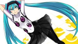 Rule 34 | 1girl, arms behind head, arms up, blue hair, hatsune miku, headphones, kairos+, pantyhose, persona, persona 4: dancing all night, persona dancing, simple background, skirt, smile, solo, suspenders, twintails, vocaloid