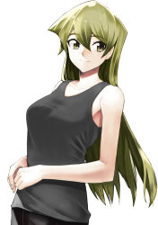 Rule 34 | 1girl, black shirt, breasts, brown eyes, closed mouth, collarbone, green hair, hair between eyes, highres, long hair, looking to the side, medium breasts, rourou ill, shirt, simple background, sleeveless, sleeveless shirt, smile, solo, standing, straight hair, tenjouin asuka, upper body, very long hair, white background, yu-gi-oh!, yu-gi-oh! gx