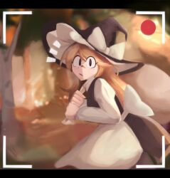 Rule 34 | 1girl, apron, bag, black hat, blonde hair, bow, forest, hair bow, hair tubes, hat, hat bow, highres, kappce, kirisame marisa, long hair, nature, ribbon, shoulder bag, skirt, solo, touhou, video camera, waist apron, witch hat