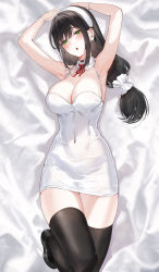 Rule 34 | 1girl, armpits, arms behind head, arms up, bare shoulders, black hair, black thighhighs, blush, breasts, cleavage, collarbone, covered navel, detached collar, dress, green eyes, hairband, highres, kfr, large breasts, long hair, looking at viewer, low ponytail, open mouth, original, short dress, solo, thighhighs, thighs, white dress