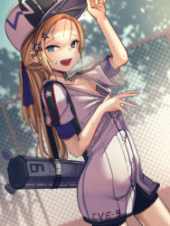 Rule 34 | 1girl, absurdres, at2., azur lane, baseball cap, bike shorts, blonde hair, blue eyes, blurry, blush, bogue (azur lane), chain-link fence, clothes pull, cowboy shot, depth of field, dutch angle, fence, flat chest, hair ornament, hat, highres, jersey, long hair, looking at viewer, open mouth, outdoors, ponytail, shirt pull, smile, solo, star (symbol), star hair ornament, sweat, tsurime
