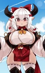 1girl bare_shoulders black_trim borrowed_character bow breasts cloud cloudy_sky contrail detached_sleeves draph egg_ornament hair_between_eyes hair_bow hair_ornament horns huge_breasts indie_virtual_youtuber mimi_(henemimi) no_panties open_mouth original outdoors pelvic_curtain pointy_ears red_bow red_eyes shortstack sideboob sidelocks skindentation sky sleeves_past_wrists thick_thighs thighs underboob virtual_youtuber white_hair white_sleeves zanamaoria