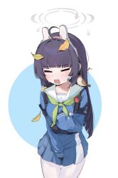 Rule 34 | 1girl, 2080167236, :o, = =, animal ears, bird, black gloves, black hair, blue archive, blunt bangs, blush, commentary, crying, crying with eyes open, fake animal ears, gloves, hairband, halo, highres, leaf, leaf on head, long hair, long sleeves, looking at viewer, miyu (blue archive), pantyhose, pleated skirt, rabbit ears, school uniform, serafuku, shoulder strap, sidelocks, simple background, skirt, solo, tears, two-tone background, white pantyhose