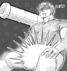 Rule 34 | 1boy, bara, english text, facial hair, from below, glowing crotch, greyscale, implied yaoi, large pectorals, lewis smith, male focus, meiji (meiji nsfw), monochrome, muscular, muscular male, no eyes, pectorals, shaded face, sideburns stubble, solo, stubble, thick eyebrows, unfinished, yuuki bakuhatsu bang bravern