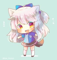 Rule 34 | 1girl, :3, :d, animal ears, azur lane, black footwear, black skirt, blue bow, blue shirt, blush, bow, chibi, collared shirt, commentary request, fang, full body, green background, hair bow, high ponytail, kneehighs, kou hiyoyo, long hair, open mouth, outstretched arms, pleated skirt, ponytail, red eyes, shirt, short eyebrows, short sleeves, silver hair, skirt, smile, socks, solo, spread arms, standing, tail, thick eyebrows, twitter username, uniform, very long hair, white socks, wolf ears, wolf girl, wolf tail, yuudachi (azur lane), yuudachi (meat bun hunter) (azur lane)