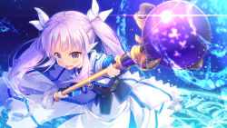 Rule 34 | 1girl, blue background, blue hair, commentary request, cosplay, fingerless gloves, gloves, hair ribbon, holding, holding staff, kyoka (princess connect!), looking at viewer, lyrical nanoha, mahou shoujo lyrical nanoha, masaki kei, open mouth, pointy ears, purple hair, ribbon, simple background, solo, staff, takamachi nanoha, takamachi nanoha (cosplay), takamachi nanoha (exelion mode), twintails, water, yellow eyes