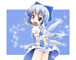 Rule 34 | 1girl, blue eyes, blue hair, cirno, embodiment of scarlet devil, fang, female focus, from behind, ice, looking back, matching hair/eyes, panties, pantyshot, short hair, sige, solo, striped clothes, striped panties, touhou, underwear, upskirt, wings