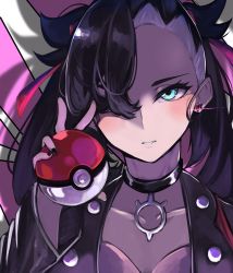 Rule 34 | 1girl, absurdres, aqua eyes, black choker, black hair, black jacket, black nails, breasts, choker, collarbone, commentary request, creatures (company), earrings, fingernails, game freak, glint, hair over one eye, hair ribbon, highres, holding, holding poke ball, jacket, jewelry, long fingernails, long hair, long sleeves, looking at viewer, marnie (pokemon), multicolored hair, nail polish, nintendo, open clothes, open jacket, parted lips, poke ball, poke ball (basic), pokemon, pokemon swsh, ribbon, shaded face, solo, takena-c, twintails, two-tone hair, upper body, white hair