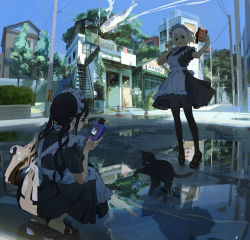 Rule 34 | 1other, 2girls, absurdres, animal, apron, black footwear, black hair, black legwear, building, camera, cat, day, fish, glasses, hands up, high heels, highres, holding, holding camera, kukka, looking away, maid, maid apron, maid headdress, multiple girls, original, outdoors, pantyhose, paw pose, platinum blonde hair, puddle, reflection, reflective water, sandals, scenery, selfie, short hair, squatting, standing, twintails