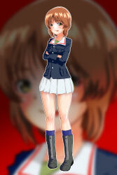 Rule 34 | 1girl, :p, black footwear, blue jacket, blue socks, blurry, blurry background, boots, brown eyes, brown hair, closed mouth, commentary, crossed arms, full body, girls und panzer, green shirt, highres, jacket, long sleeves, looking at viewer, manukahanii, military, military uniform, miniskirt, nishizumi miho, ooarai military uniform, outline, pleated skirt, shirt, short hair, skirt, smile, socks, solo, standing, tongue, tongue out, uniform, white outline, white skirt, zipper, zoom layer