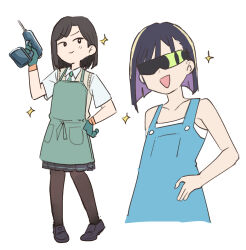 Rule 34 | 2girls, apron, black footwear, black hair, black pantyhose, blue overalls, blue skirt, blunt ends, bob cut, brooch, brown sweater vest, colored inner hair, commentary, cropped torso, do it yourself!!, do it yourself!! (drama), dress shirt, dual persona, gloves, green apron, green gloves, green necktie, hand on own hip, holding tool, jewelry, loafers, looking at viewer, medium skirt, multicolored hair, multiple girls, necktie, open mouth, overalls, pantyhose, pleated skirt, power drill, purple hair, school uniform, shirt, shoes, short hair, skirt, sleeveless, sleeveless shirt, smile, smirk, sparkle, standing, sunglasses, suride miku, sweater vest, swept bangs, tsubobot, white background, white shirt, wing brooch