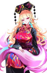 Rule 34 | 1girl, black dress, black headwear, blonde hair, breasts, chinese clothes, closed mouth, dress, earrings, fingernails, highres, jewelry, junko (touhou), large breasts, long fingernails, long hair, long sleeves, nail polish, one-hour drawing challenge, phoenix crown, pink nails, raptor7, red eyes, sharp fingernails, simple background, solo, touhou, white background, wide sleeves