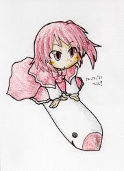 Rule 34 | 1girl, bow, cape, capelet, colored pencil (medium), dated, dress, female focus, habu takehiro, hb take, mimi-chan, missile, okazaki yumemi, open mouth, red eyes, red hair, sketch, touhou, touhou (pc-98), traditional media