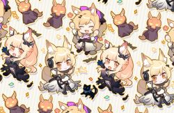 Rule 34 | 3girls, :3, :d, ^ ^, animal ear fluff, animal ears, arknights, aunt and niece, baiwei er hao ji, black cloak, black gloves, black shirt, blemishine (arknights), blemishine (moon catastrborn) (arknights), blonde hair, bow, chibi, cloak, closed eyes, crossed arms, dress, extra ears, fang, gloves, hair bow, hair ornament, hairclip, headset, highres, holding, holding instrument, horse ears, horse girl, horse tail, implied extra ears, instrument, long hair, looking at viewer, maracas, multiple girls, nearl (arknights), nearl the radiant knight (arknights), official alternate costume, open mouth, ponytail, pumpkin on head, purple bow, scabbard, sheath, sheathed, shirt, siblings, sidelocks, sisters, smile, tail, whislash (arknights), whislash (glory purple) (arknights), white dress, yellow eyes