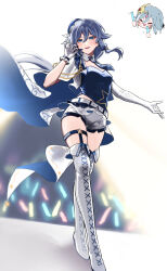 Rule 34 | 1girl, 2girls, asymmetrical gloves, audience, belt, blue eyes, blue hair, blue hat, blue necktie, blue shirt, blush, boots, breasts, cape, cheering, chibi, chibi inset, closed eyes, detached collar, detached sleeves, eyeliner, fu hua, fu hua (herrscher of sentience), full body, gloves, grey hair, hair between eyes, hair ornament, hand up, happy, hat, highres, holding, honkai (series), honkai impact 3rd, jacket, jewelry, light blush, long hair, low-tied long hair, low ponytail, makeup, medium breasts, mismatched gloves, multicolored hair, multiple girls, music, necktie, official alternate costume, open clothes, open jacket, open mouth, parted lips, ponytail, red eyeliner, shirt, shorts, singing, sleeveless, sleeveless shirt, solo, solo focus, star ornament, streaked hair, thigh boots, thighs, white background, white belt, white cape, white footwear, white gloves, white hair, white jacket, white shorts, yunomi (yunomi hs)