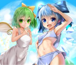 Rule 34 | 2girls, :d, areola slip, arm up, armpits, bare arms, bare shoulders, blue eyes, blue hair, blue sky, bow, breasts, chiroshiron, cirno, cloud, cloudy sky, collarbone, cowboy shot, crop top, crop top overhang, daiyousei, day, dress, fairy wings, fang, green hair, hair between eyes, hair bow, hand on own hip, hands up, highres, ice, ice wings, long hair, looking at viewer, midriff, miniskirt, multiple girls, navel, open mouth, own hands together, petals, short hair, side ponytail, skirt, sky, sleeveless, small breasts, smile, standing, stomach, sundress, touhou, upshirt, wings