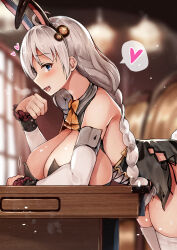 Rule 34 | 1girl, :d, ahoge, animal ears, arm rest, black dress, blue eyes, blurry, blurry background, blush, braid, breast rest, breasts, breath, cowboy shot, detached sleeves, dress, fake animal ears, frilled sleeves, frills, from side, grey hair, hair ornament, hand up, heart, huge breasts, kizuna akari, leaning forward, leaning on object, leotard, long hair, long sleeves, looking at viewer, open mouth, playboy bunny, rabbit ears, rabbit tail, se-u-ra, short dress, sideways glance, sleeveless, sleeveless dress, smile, solo, spoken heart, table, thighhighs, twin braids, voiceroid, white sleeves, white thighhighs