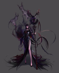 Rule 34 | 1girl, absurdres, asymmetrical sleeves, bare legs, black dress, black hair, dress, dungeon and fighter, full body, high heels, highres, holding, holding staff, keto cactus, legs, long hair, long sleeves, official art, parted lips, purple eyes, skirt cutout, smoke, solo, staff, teeth, zealous dieuleve