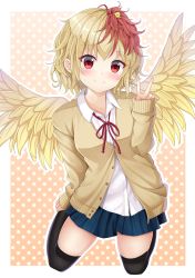 Rule 34 | 1girl, absurdres, alternate costume, animal, animal on head, arm up, beige jacket, bird, bird wings, black thighhighs, blonde hair, blue skirt, blush, breasts, buttons, chick, closed mouth, collared shirt, commentary request, dotted background, feathered wings, highres, kneeling, lips, long sleeves, medium breasts, miniskirt, multicolored hair, niwatari kutaka, on head, outside border, pink background, pleated skirt, red eyes, red hair, red neckwear, red ribbon, ribbon, shirt, short hair, skirt, solo, suigetsu (watermoon-910), thighhighs, thighs, touhou, two-tone hair, v, white shirt, wing collar, wings, yellow wings