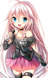 Rule 34 | 1girl, :d, ahoge, asymmetrical legwear, bare shoulders, black neckwear, black shirt, black thighhighs, blue eyes, blush, braid, cable, collarbone, commentary request, cowboy shot, hair between eyes, hair flaps, hair over shoulder, halterneck, holding, holding microphone, ia (vocaloid), ikari (aor3507), long hair, long sleeves, looking at viewer, microphone, mismatched legwear, off-shoulder shirt, off shoulder, open mouth, pink hair, pink skirt, pleated skirt, shirt, simple background, single thighhigh, skirt, smile, solo, standing, tareme, thighhighs, twin braids, very long hair, vocaloid, white background