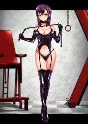 Rule 34 | 1girl, armchair, bdsm, black choker, black footwear, black gloves, black panties, bondage outfit, boots, breasts, brown eyes, chain, chair, choker, cleavage, closed mouth, commentary, dominatrix, elbow gloves, english commentary, femdom, from below, gloves, holding, holding whip, large breasts, latex, latex boots, latex gloves, latex panties, long hair, looking at viewer, navel, original, panties, piririnegi, purple hair, simple background, smile, solo, standing, thigh boots, thighhighs, thighs, underwear, whip