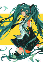 Rule 34 | black thighhighs, blouse, from side, green eyes, green hair, hatsune miku, long hair, looking at viewer, open mouth, shirt, shoulder tattoo, simple background, skirt, sleeveless, sleeveless shirt, solo, tattoo, thighhighs, ttk211, twintails, very long hair, vocaloid, white shirt