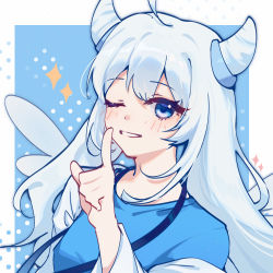 Rule 34 | 1girl, :d, ahoge, blue background, blue eyes, blue shirt, border, coat, grin, highres, horns, lab coat, long hair, long sleeves, looking at viewer, mihoyo, miyouji, one eye closed, open mouth, shirt, silence (pixiv18541142), smile, solo, teeth, white border, white coat, white hair