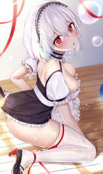 Rule 34 | 1girl, absurdres, apron, ass, azur lane, backless dress, backless outfit, black dress, black footwear, blush, breasts, cleavage, collar, commentary request, dress, framed breasts, frilled apron, frills, full body, hair between eyes, hairband, high heels, highres, jyu-so, lace hairband, large breasts, looking back, metal collar, microdress, open mouth, panties, puffy short sleeves, puffy sleeves, red eyes, red ribbon, revision, ribbon, seiza, shoes, short sleeves, sirius (azur lane), sitting, solo, spill, thighhighs, underwear, waist apron, water, white hair, white panties, white thighhighs, wooden floor