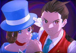 Rule 34 | 1boy, 1girl, ace attorney, antenna hair, apollo justice, blue eyes, blue headwear, blue necktie, bracelet, brother and sister, brown eyes, brown hair, closed mouth, collared shirt, forked eyebrows, gloves, half-siblings, hand on headwear, hand up, hat, heterochromia, highres, jewelry, lapel pin, lapels, looking at viewer, necktie, off shoulder, portrait, red eyes, red scarf, red vest, scarf, shirt, siblings, smile, strapless, top hat, trucy wright, vest, white gloves, white shirt, yymmawo vv2
