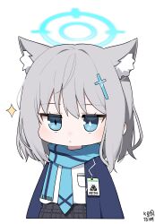 Rule 34 | 1girl, absurdres, animal ear fluff, animal ears, artist name, black skirt, blue archive, blue eyes, blue halo, blue jacket, blue necktie, blue scarf, closed mouth, cross hair ornament, dated, extra ears, grey hair, hair ornament, halo, highres, id card, jacket, medium hair, myeolchi, necktie, open clothes, open jacket, pleated skirt, scarf, school uniform, shiroko (blue archive), signature, simple background, skirt, solo, upper body, white background, wolf ears
