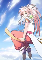 Rule 34 | 1girl, arche klein, bracelet, broom, broom riding, closed mouth, cloud, earrings, elbow gloves, full body, gloves, hair between eyes, highres, jewelry, long hair, looking at viewer, one eye closed, pink eyes, pink hair, ponytail, smile, solo, tales of (series), tales of phantasia, tomaty., wide ponytail