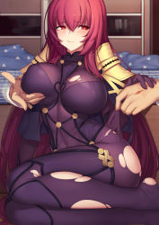 Rule 34 | 1boy, 1girl, :t, bad id, bad pixiv id, blush, bodysuit, breasts, bright pupils, evan yang, fate/grand order, fate (series), fujimaru ritsuka (male), indoors, large breasts, legs, long hair, red eyes, red hair, scathach (fate), sitting, thighs, torn bodysuit, torn clothes, very long hair