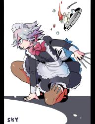 Rule 34 | 1girl, apron, arm up, between fingers, black footwear, black thighhighs, blue eyes, bow, bowtie, braid, breasts, buttons, cup, fingernails, hand on ground, headdress, highres, holding, holding knife, holster, izayoi sakuya, kneeling, knife, knife sheath, knives between fingers, long sleeves, looking to the side, maid, maid apron, maid headdress, mary janes, mashuu masaki, medium breasts, on one knee, open mouth, outline, red bow, red bowtie, serious, sheath, shoes, short hair, silver hair, simple background, solo, spoon, sugar cube, tea, teacup, thigh holster, thighhighs, touhou, tray, twin braids, v-shaped eyebrows, white background