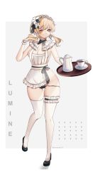 Rule 34 | apron, blonde hair, breasts, breasts out, cleavage, coffee, covering privates, covering breasts, full body, genshin impact, highres, holding, holding tray, legs, looking at viewer, lumine (genshin impact), maid, maid apron, panties, single thighhigh, spread legs, thick thighs, thighhighs, thighs, tray, underwear, unosaki2, yellow eyes
