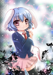 Rule 34 | 1girl, :x, absurdres, animal ears, black thighhighs, blue hair, carrying, carrying under arm, halftone, halftone background, heart, highres, index finger raised, jacket, leaf, light particles, light smile, looking at viewer, mayuki (nami1120), necktie, pleated skirt, rabbit, rabbit ears, red eyes, reisen, short hair, sketch, skirt, solo, star (symbol), starry background, suit jacket, thighhighs, touhou, zettai ryouiki