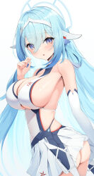 Rule 34 | 1girl, absurdres, ass, azur lane, bare shoulders, blue eyes, blue hair, breasts, cleavage, constellation (azur lane), cowboy shot, detached sleeves, headgear, highres, humo, large breasts, long hair, looking at viewer, looking back, open mouth, pleated skirt, sideboob, simple background, skirt, solo, very long hair, white background, white skirt