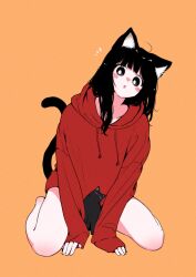Rule 34 | :o, ahoge, animal ear fluff, animal ears, arm support, black eyes, black hair, blush stickers, bottomless, bright pupils, cat ears, cat girl, cat tail, head tilt, highres, hood, hoodie, megateru, notice lines, open mouth, original, oversized clothes, red hoodie, sitting, sleeves past wrists, solo, tail, thighs, wariza, white pupils