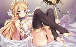 Rule 34 | 1girl, artist name, azur lane, bare shoulders, black panties, black thighhighs, blonde hair, blue eyes, blush, breasts, chain, cleavage, commentary, dress, eyelashes, feet, fingernails, floating, floating hair, flower ornament, hair ornament, hair ribbon, hand on own chest, highres, holding, holding staff, kaetzchen, large breasts, laurel crown, long dress, long hair, looking at viewer, lying, no shoes, on back, open mouth, panties, plantar flexion, ribbon, sleeveless, sleeveless dress, solo, staff, thighhighs, toeless legwear, toenails, toes, underwear, veil, very long hair, victorious (azur lane), wrist ribbon