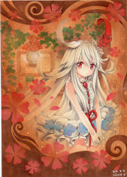 Rule 34 | 10s, 1girl, :o, artist name, choko (last period), dated, dress, gloves, key, lantern, last period, light particles, long hair, looking at viewer, marker (medium), mosho, painting (medium), red eyes, signature, sleeveless, sleeveless dress, solo, traditional media, very long hair, watercolor (medium), white dress, white gloves, white hair