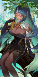 Rule 34 | 1girl, absurdres, arm support, blue hair, blurry, blurry background, blush, bodystocking, breasts, brown dress, capelet, cleavage, cloud retainer (genshin impact), colored inner hair, dress, feet out of frame, game screenshot background, genshin impact, green capelet, green eyes, green hair, hand up, high ponytail, highres, holding, large breasts, long hair, multicolored hair, neck tassel, one eye closed, outdoors, parted bangs, red-framed eyewear, semi-rimless eyewear, shibuya (kurokamishain), sidelocks, sitting, sitting on branch, solo, tassel, white capelet, xianyun (genshin impact)